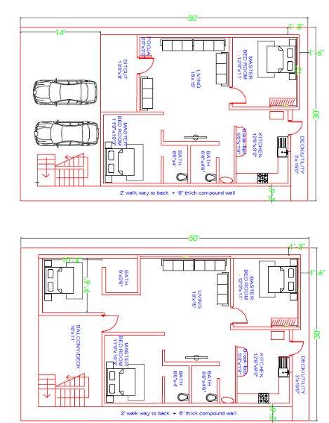 30x50 house plan 2BHK 2 car parking house design option 1